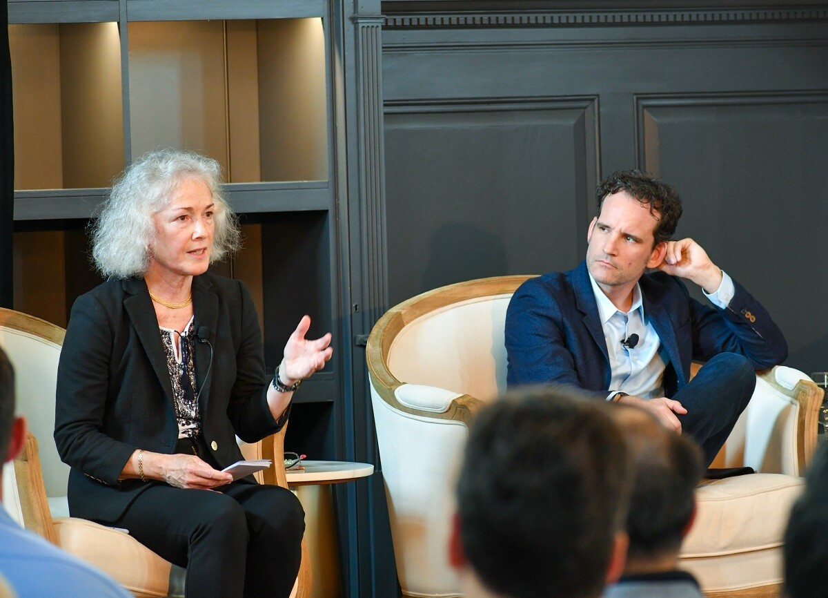 Former US Ambassador to Ukraine Marie Yovanovitch and Michael Sikorski share a thought during WEI's Cyber Warfare & Beyond roundtable discussion on June 20, 2024.